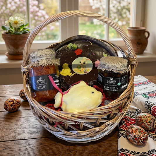 Coș de Paște Bucovinean cu dulceață de cireșe amare, zacuscă de râșcovi  și cașcaval peștișor – Cămara Bucovinei