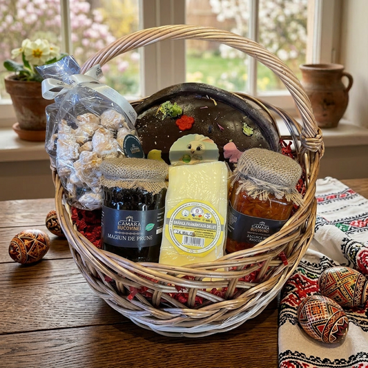 Coș de Paște Bucovinean cu zacuscă de râșcovi, brânză Deluț și cornulețe cu magiun – Cămara Bucovinei