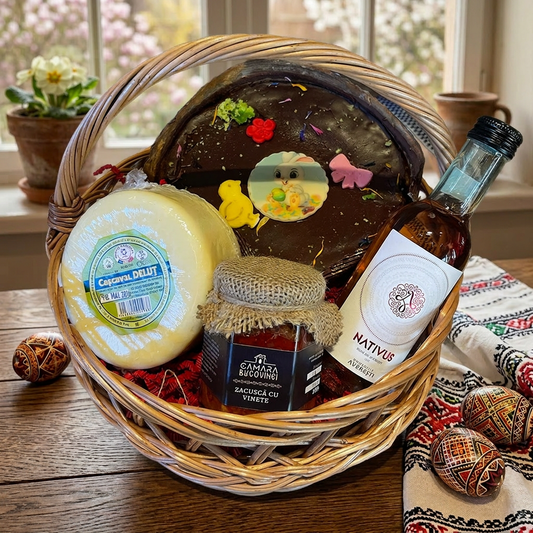 Coș de Paște Bucovinean cu vin roze Averești, zacuscă de vinete și cașcaval Deluț – Cămara Bucovinei