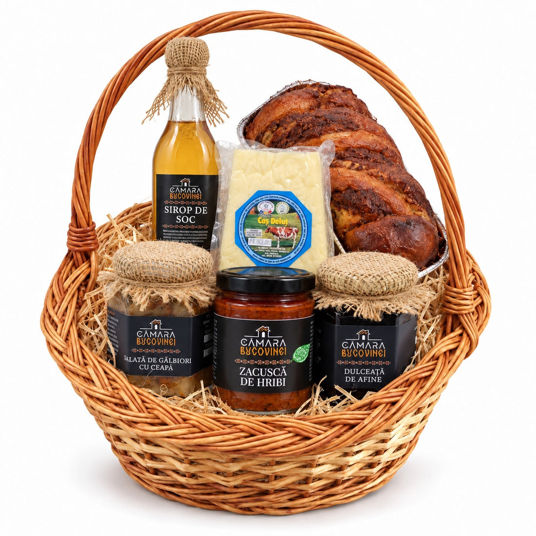 Coș de Crăciun Cămara Bucovinei cu cozonac bețiv, caș Deluț, sirop de soc, salată de gălbiori, zacuscă de hribi și dulceață de afine
